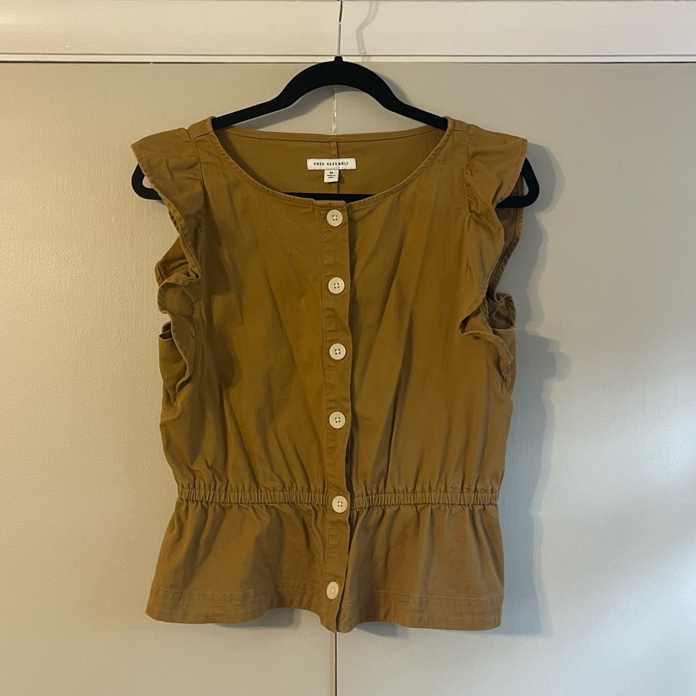Mustard Button-Front Ruffle Sleeve Top-organic cotton